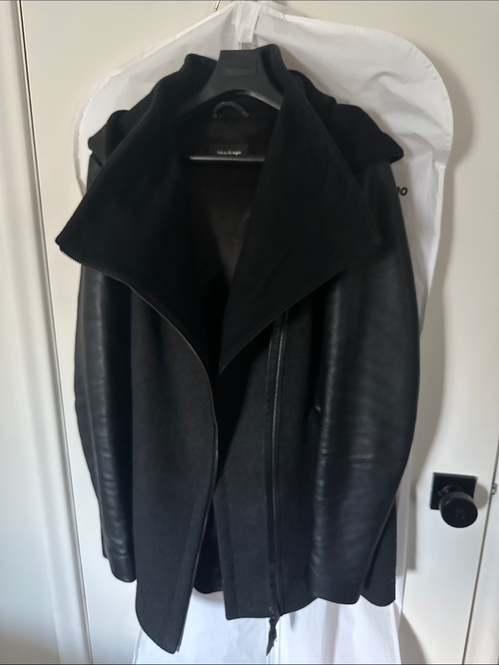 Mackage Black Leather-Sleeve Draped Front Jacket
